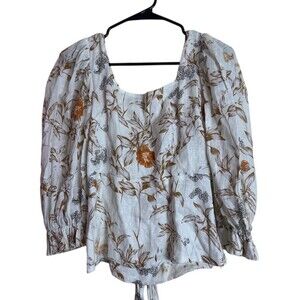 Christy Lynn Blouse Womens M Ivory Floral Puff Sleeve Tie-Front Square